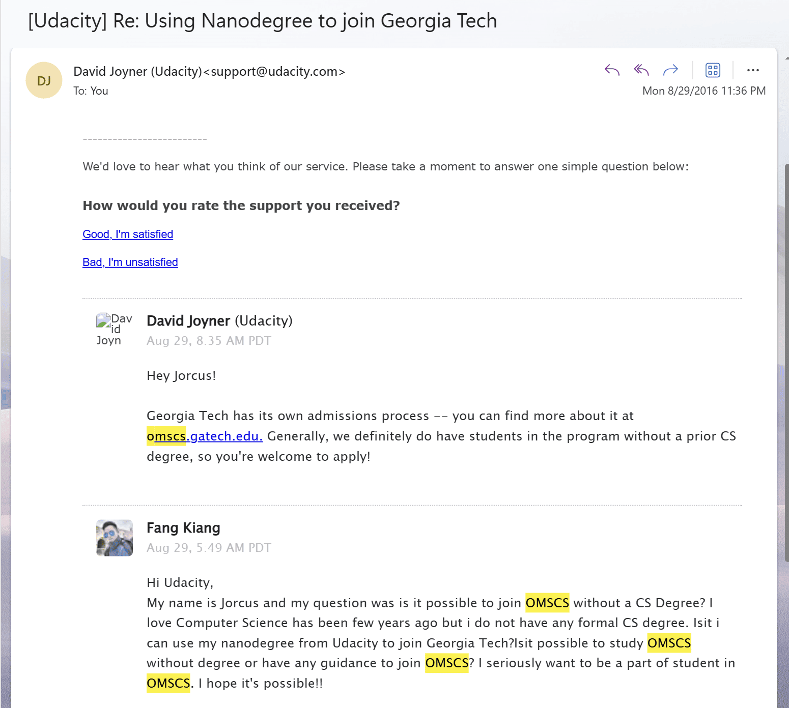 Udacity OMSCS Email Exchange